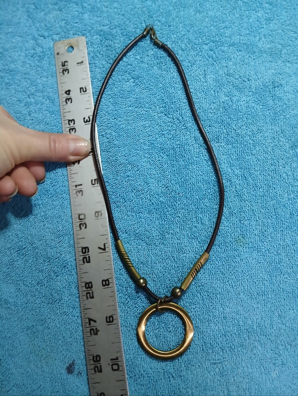Shiny Bronze Ring Pendant Leather Necklace